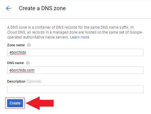 i will be configuring the domain name eborchids.com so in the zone name field i will enter eborchids and in the dns field i will enter eborchids.com