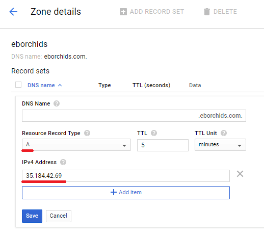 add an a record as record type and your ipv4 address in the field below transfer wordpress domain to google cloud