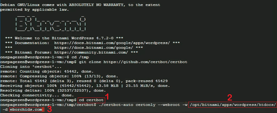 change to certbot director, then enter webroot and domain name ssl certificate setup wordpress on google cloud