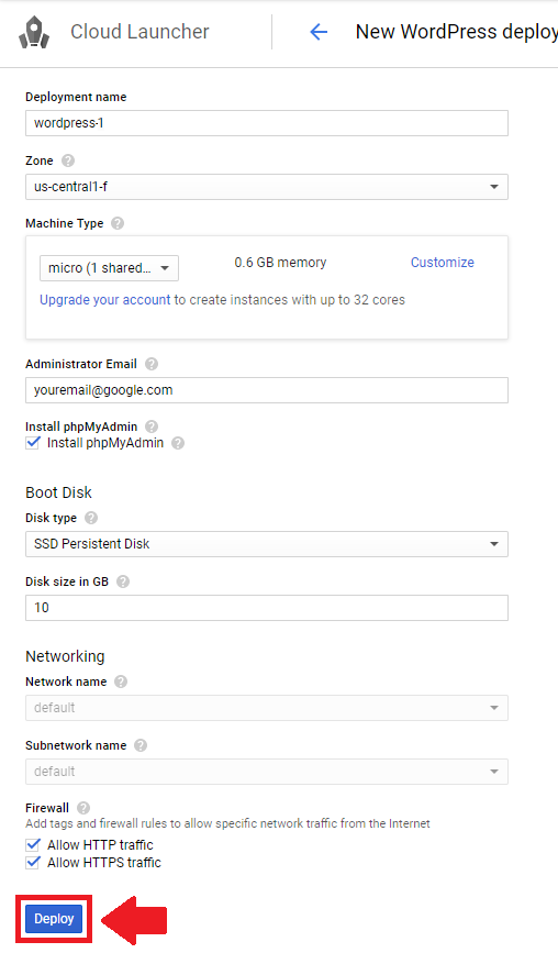 setup and install wordpress on google cloud platform click-to-deploy