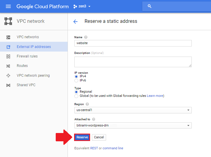 reserve static ip address wordpress on google cloud