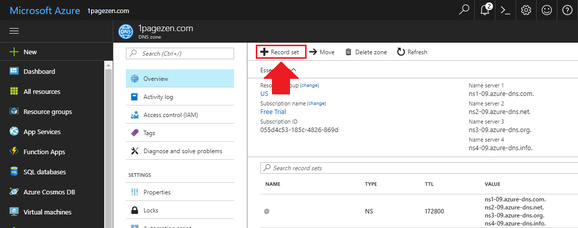 transfer domain name to azure create dns zone add record set