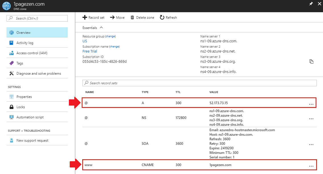 transfer domain name to azure review record set