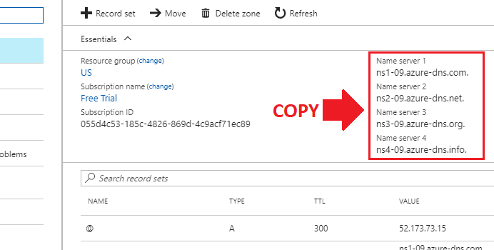transfer domain name to azure create dns zone add record set copy nameservers