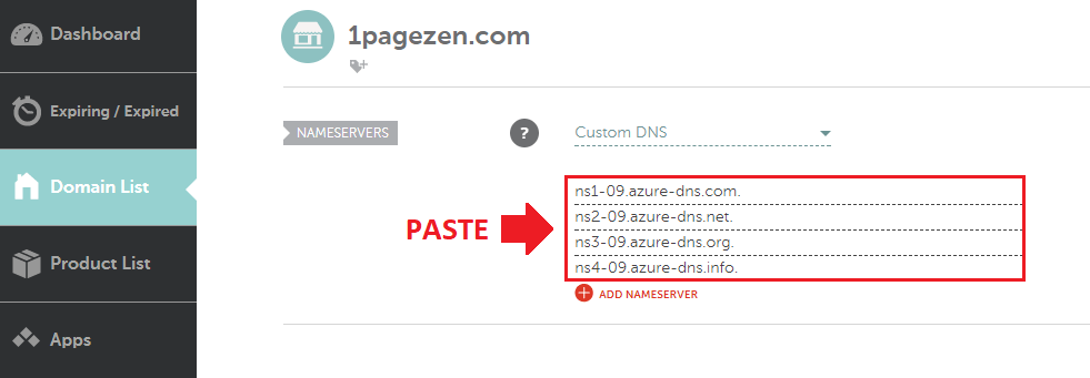 transfer domain name to azure change nameservers