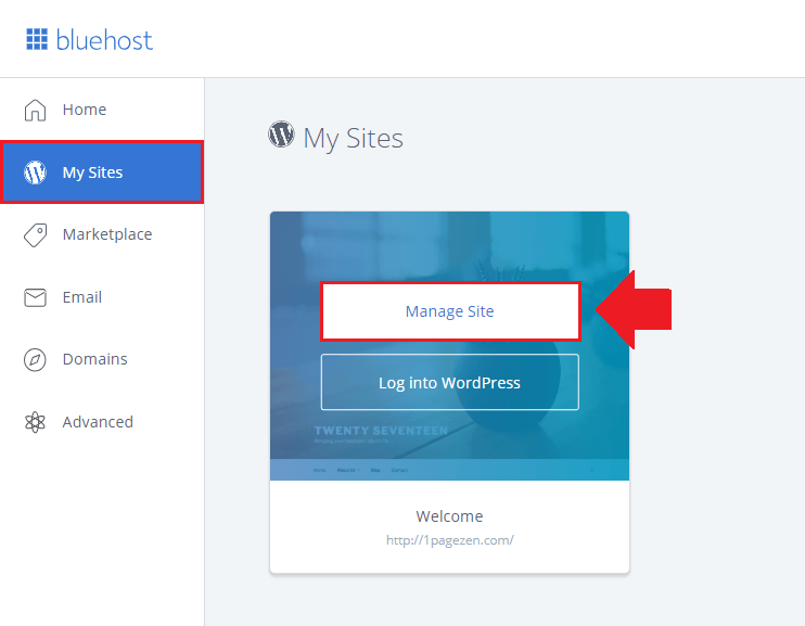 click on the manage site button setup ssl wordpress on bluehost cloud