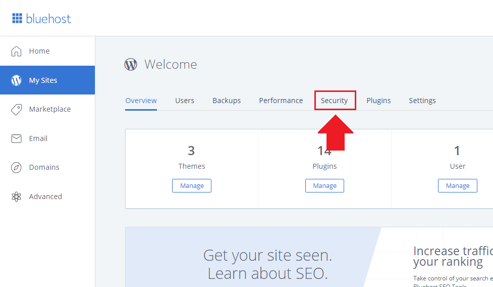 click on the security link setup ssl wordpress on bluehost cloud